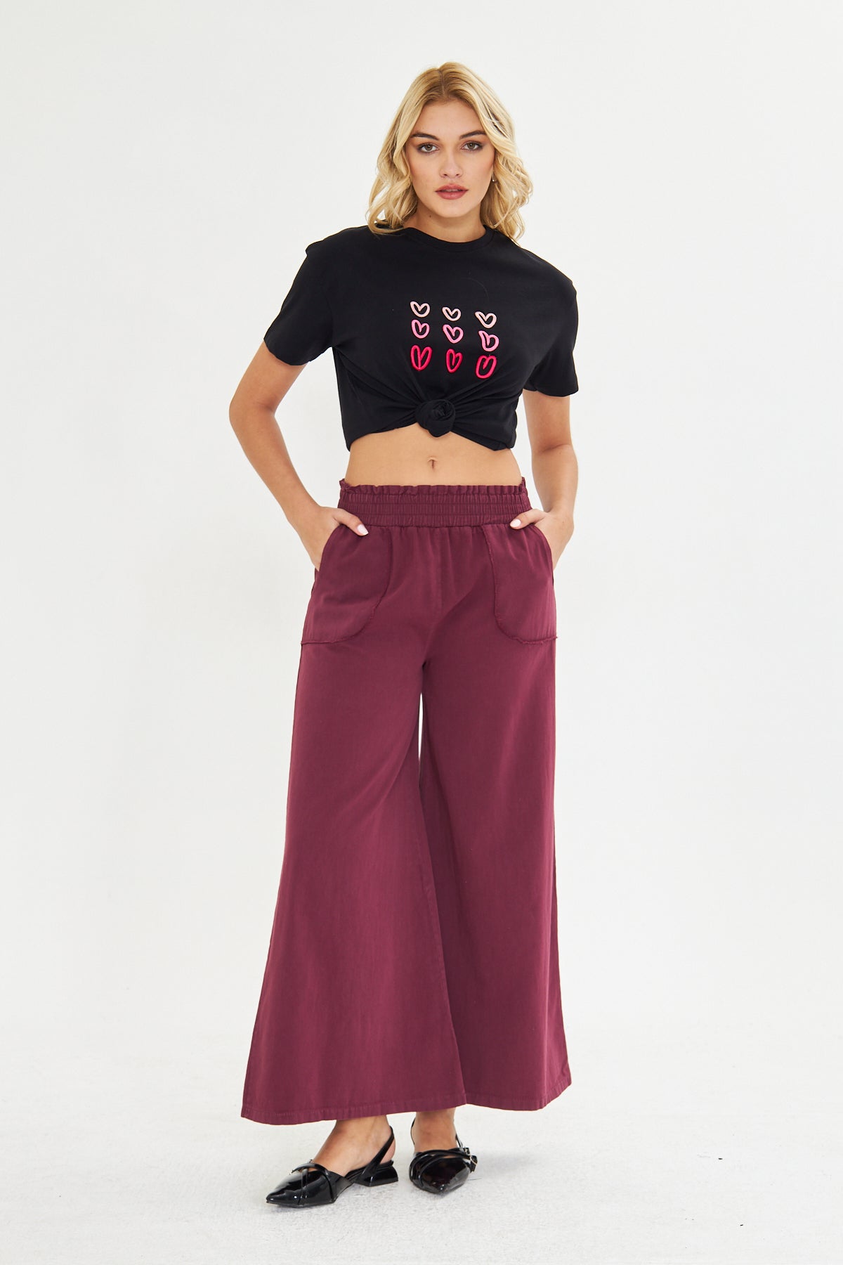 Beli Lastikli Bol Paça Cepli Keten Pantolon