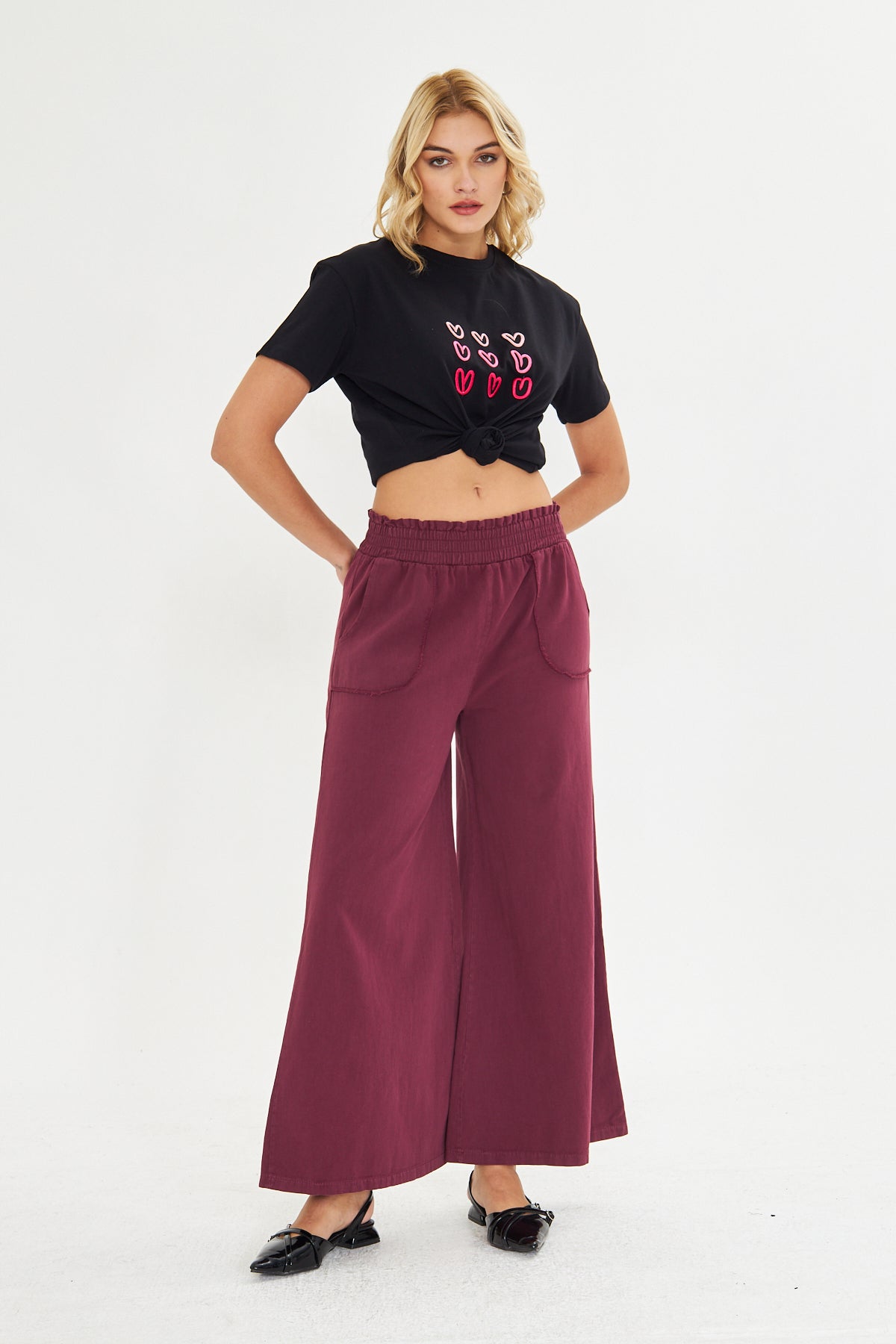 Beli Lastikli Bol Paça Cepli Keten Pantolon