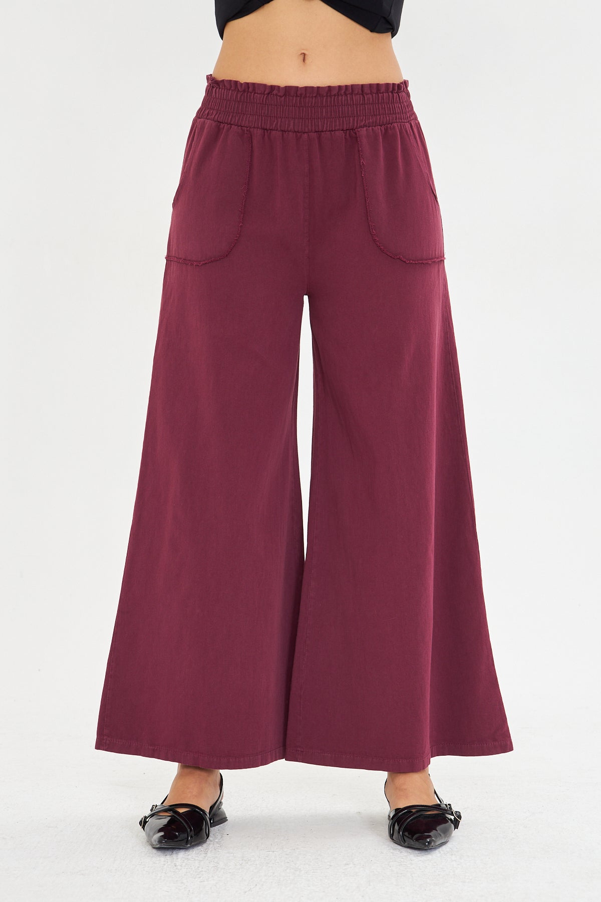 Beli Lastikli Bol Paça Cepli Keten Pantolon