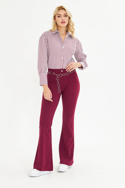Flare Metal Halka Kemerli Kumaş Pantolon