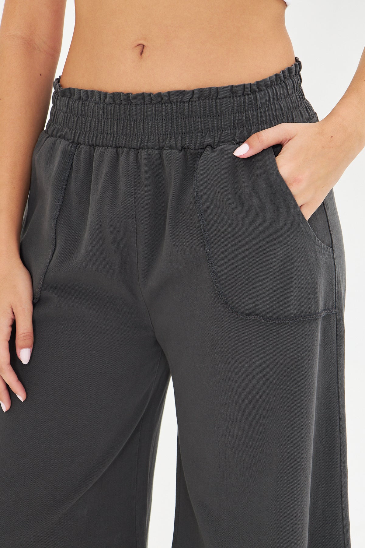 Beli Lastikli Bol Paça Cepli Keten Pantolon