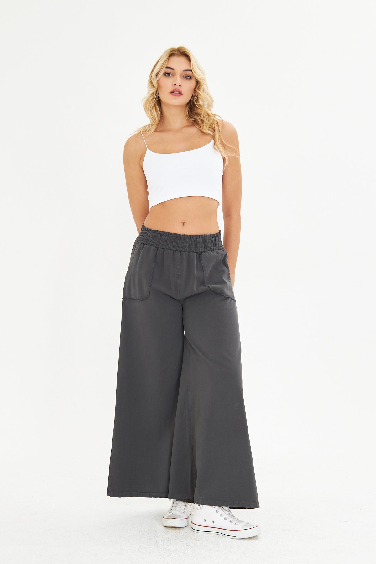 Beli Lastikli Bol Paça Cepli Keten Pantolon