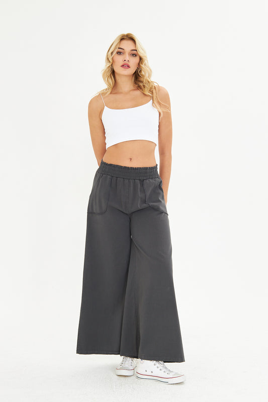 Beli Lastikli Bol Paça Cepli Keten Pantolon