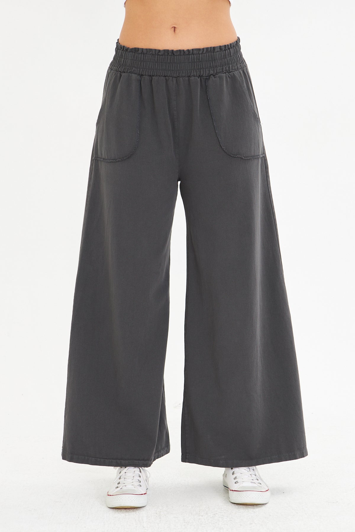 Beli Lastikli Bol Paça Cepli Keten Pantolon