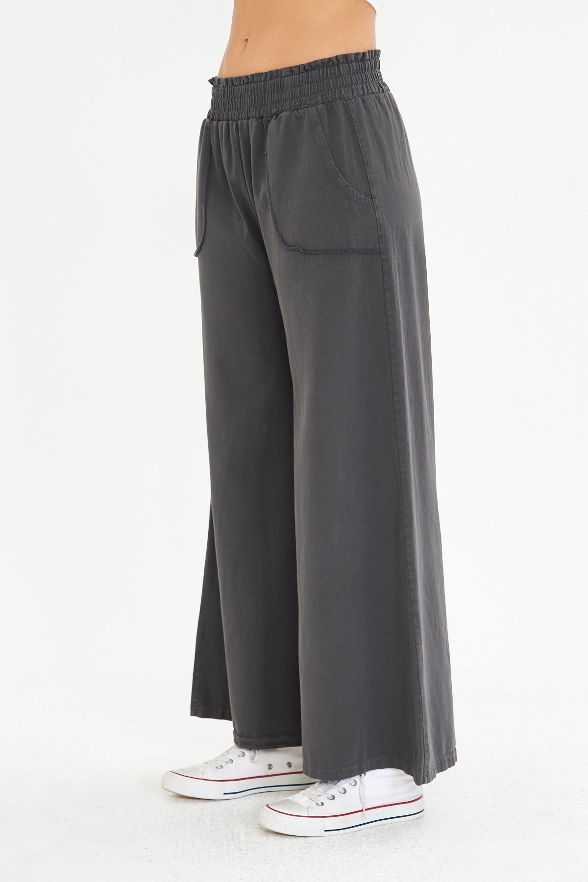 Beli Lastikli Bol Paça Cepli Keten Pantolon