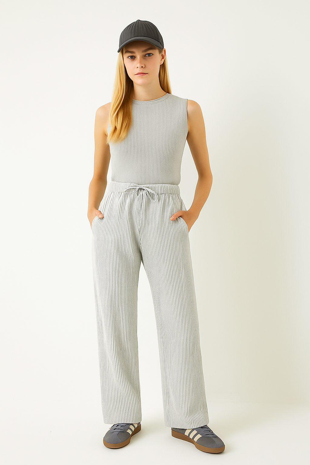 Çizgili Beli Lastikli Esnek Pantolon