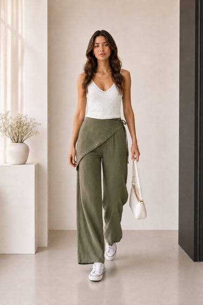Tensel Pullu Fular Detaylı Pantolon