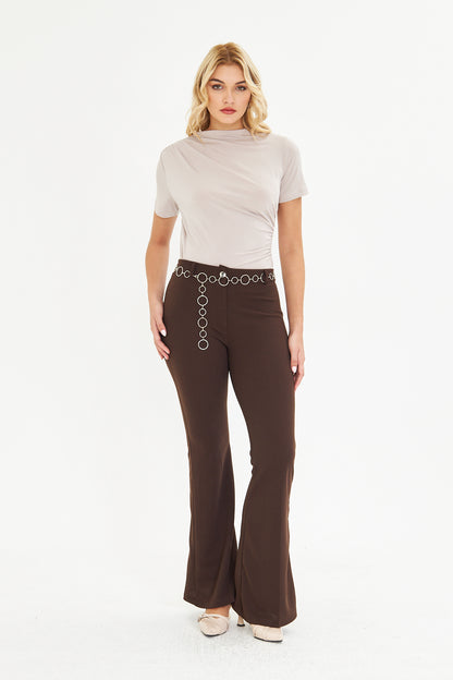 Flare Metal Halka Kemerli Kumaş Pantolon