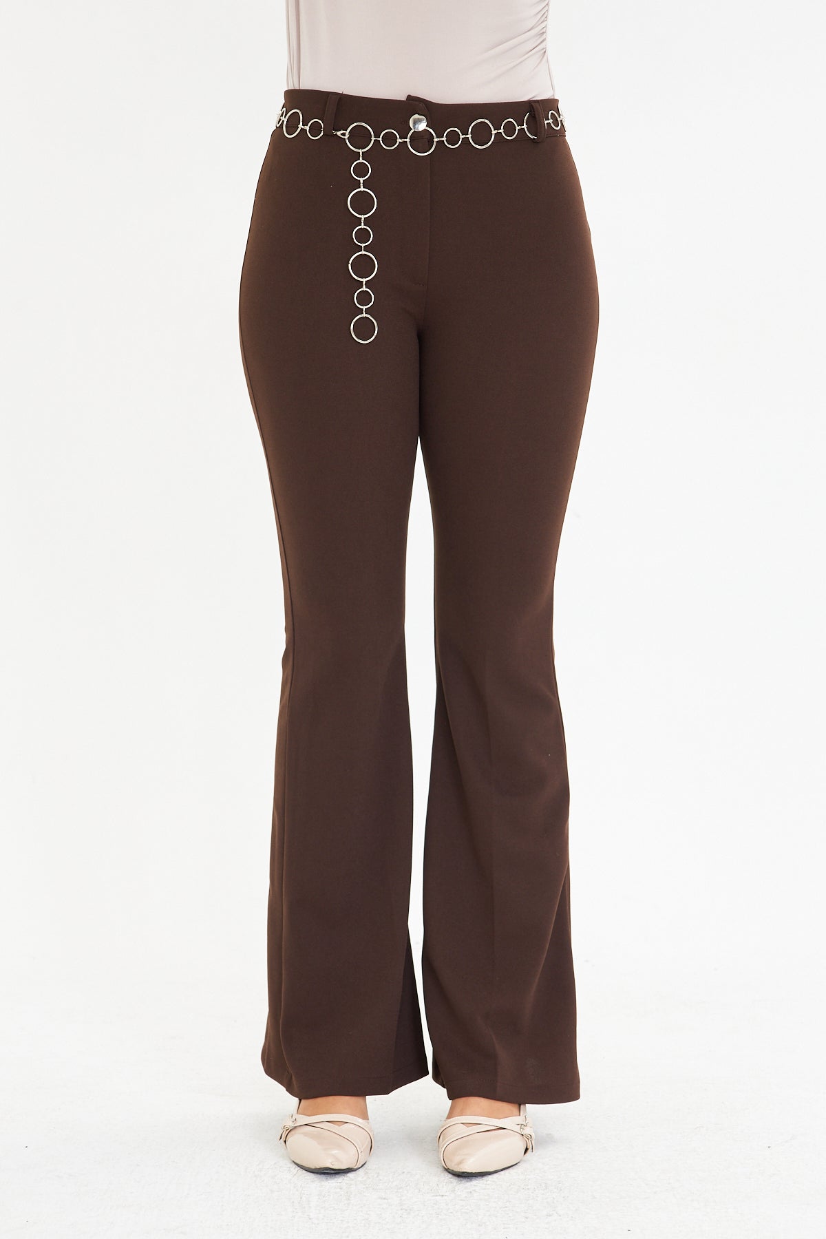 Flare Metal Halka Kemerli Kumaş Pantolon