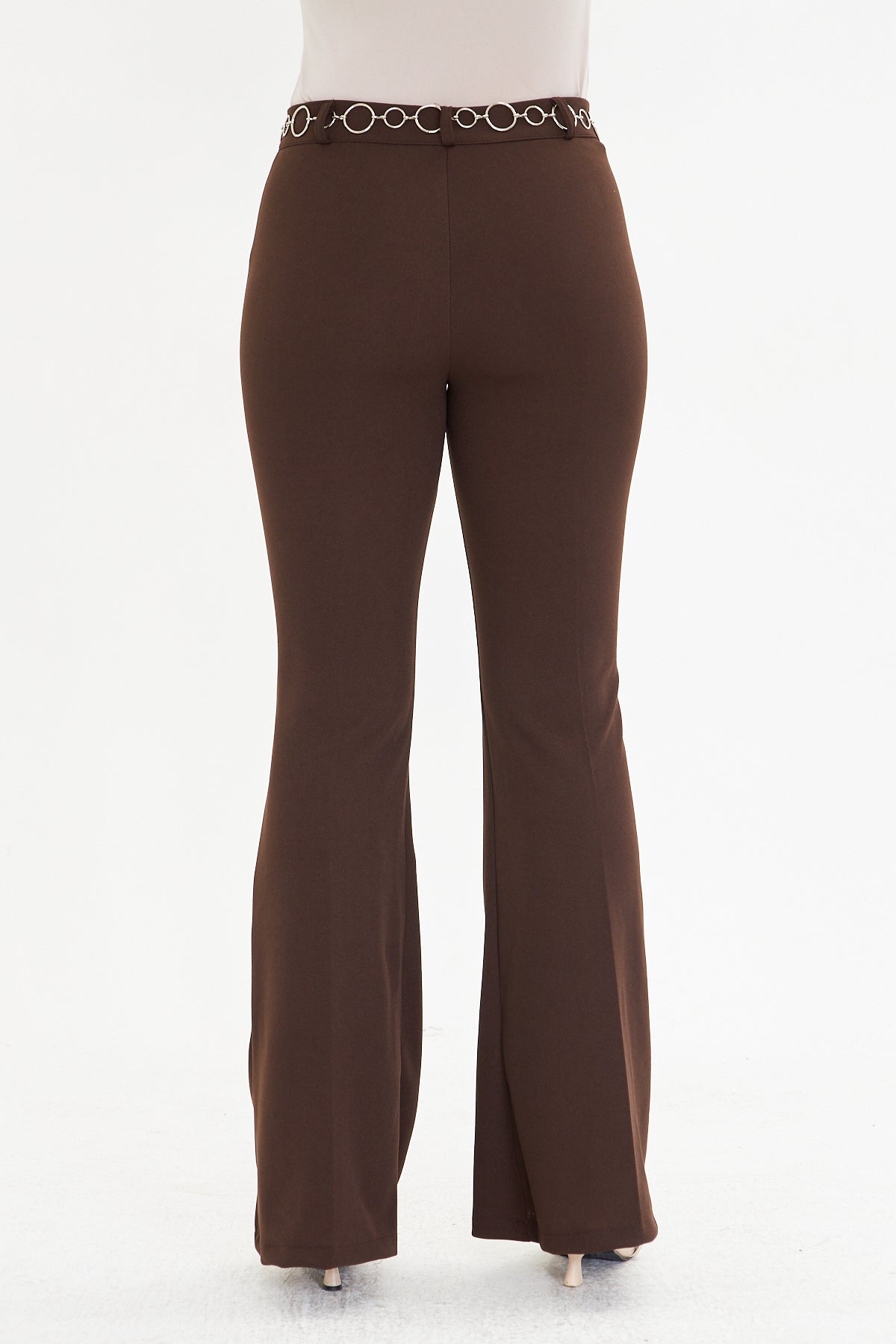 Flare Metal Halka Kemerli Kumaş Pantolon