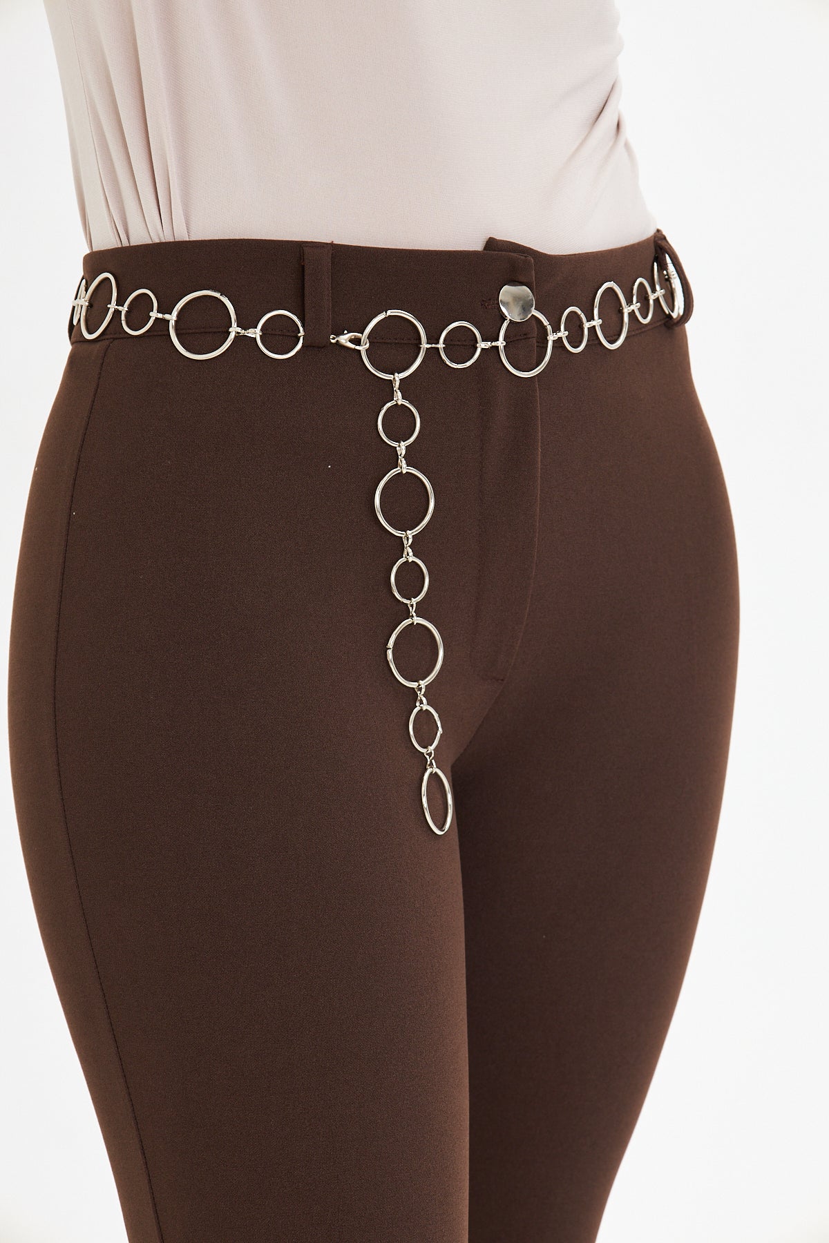 Flare Metal Halka Kemerli Kumaş Pantolon