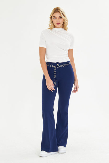 Flare Metal Halka Kemerli Kumaş Pantolon