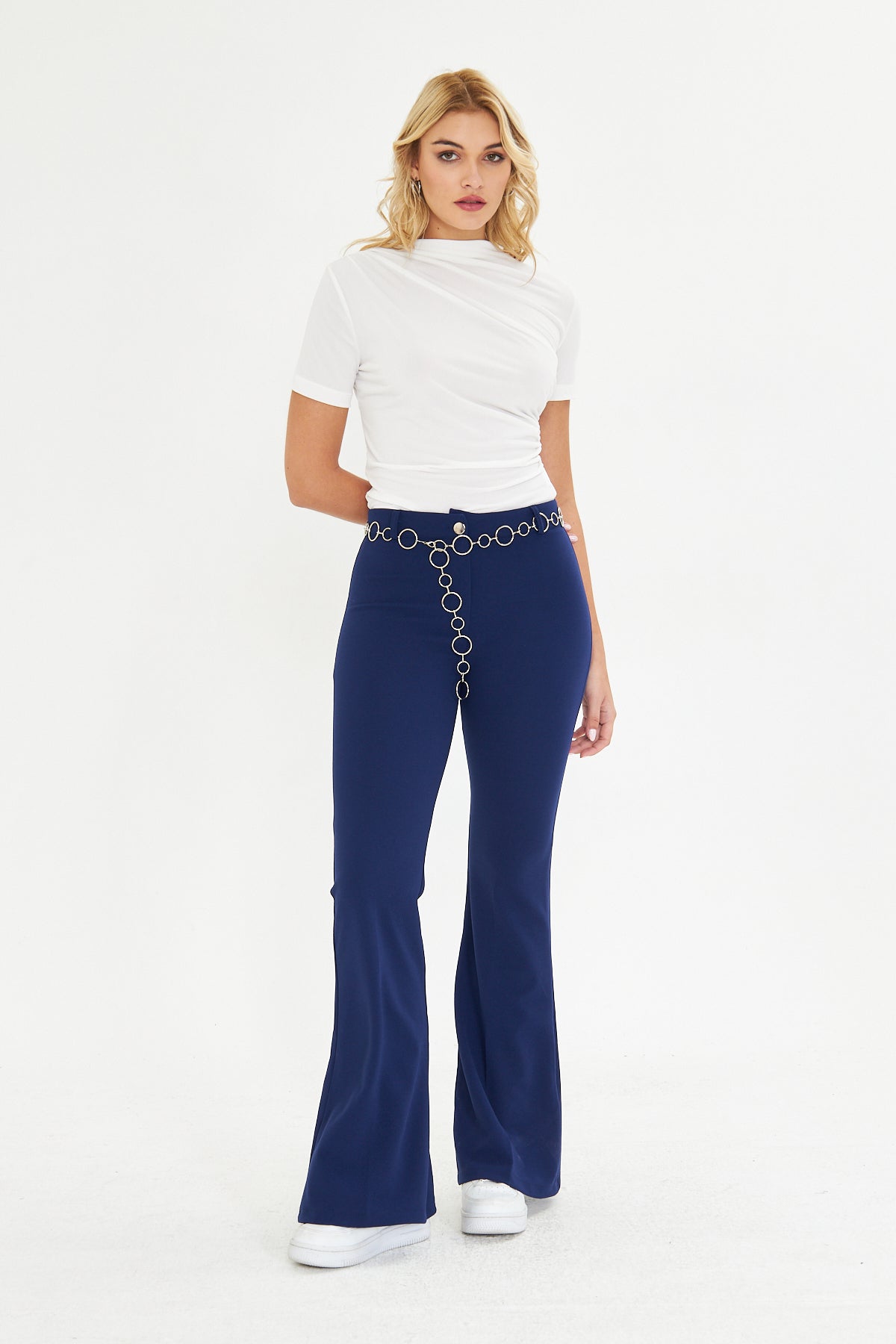 Flare Metal Halka Kemerli Kumaş Pantolon