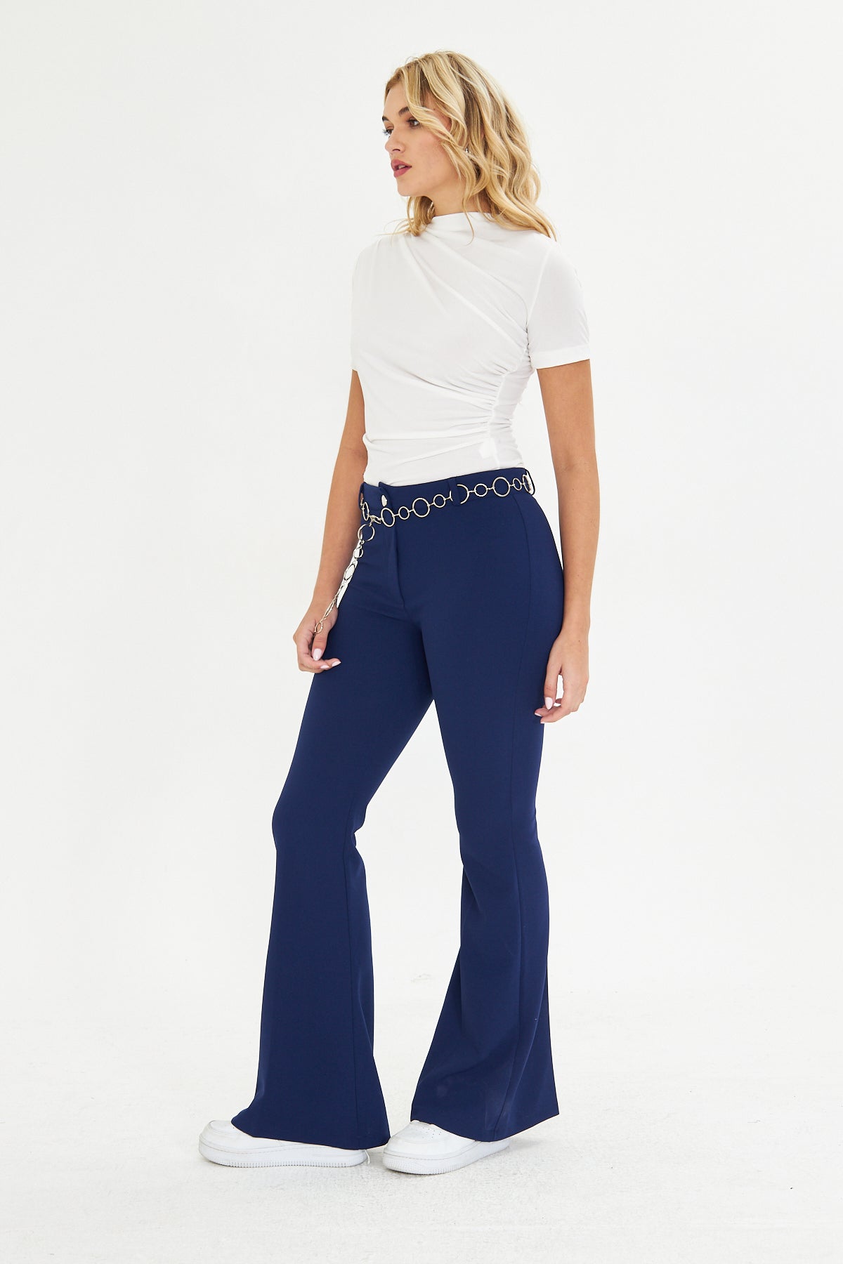 Flare Metal Halka Kemerli Kumaş Pantolon