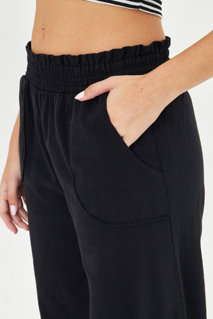 Beli Lastikli Bol Paça Cepli Keten Palazzo Pantolon