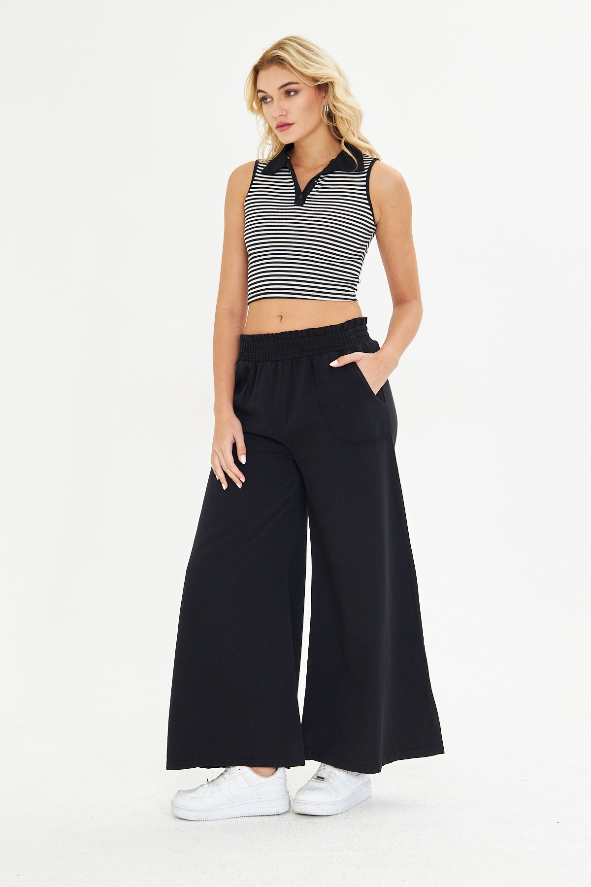 Beli Lastikli Bol Paça Cepli Keten Pantolon