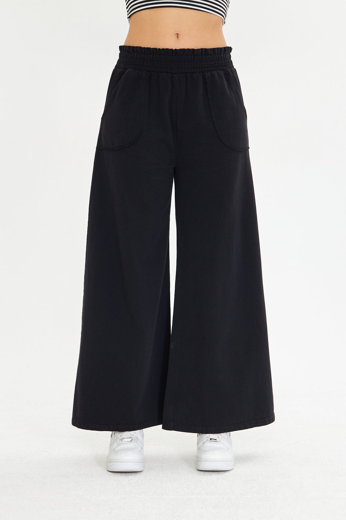 Beli Lastikli Bol Paça Cepli Keten Pantolon