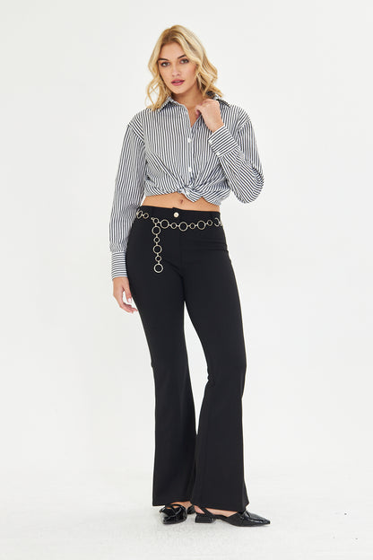 Flare Metal Halka Kemerli Kumaş Pantolon