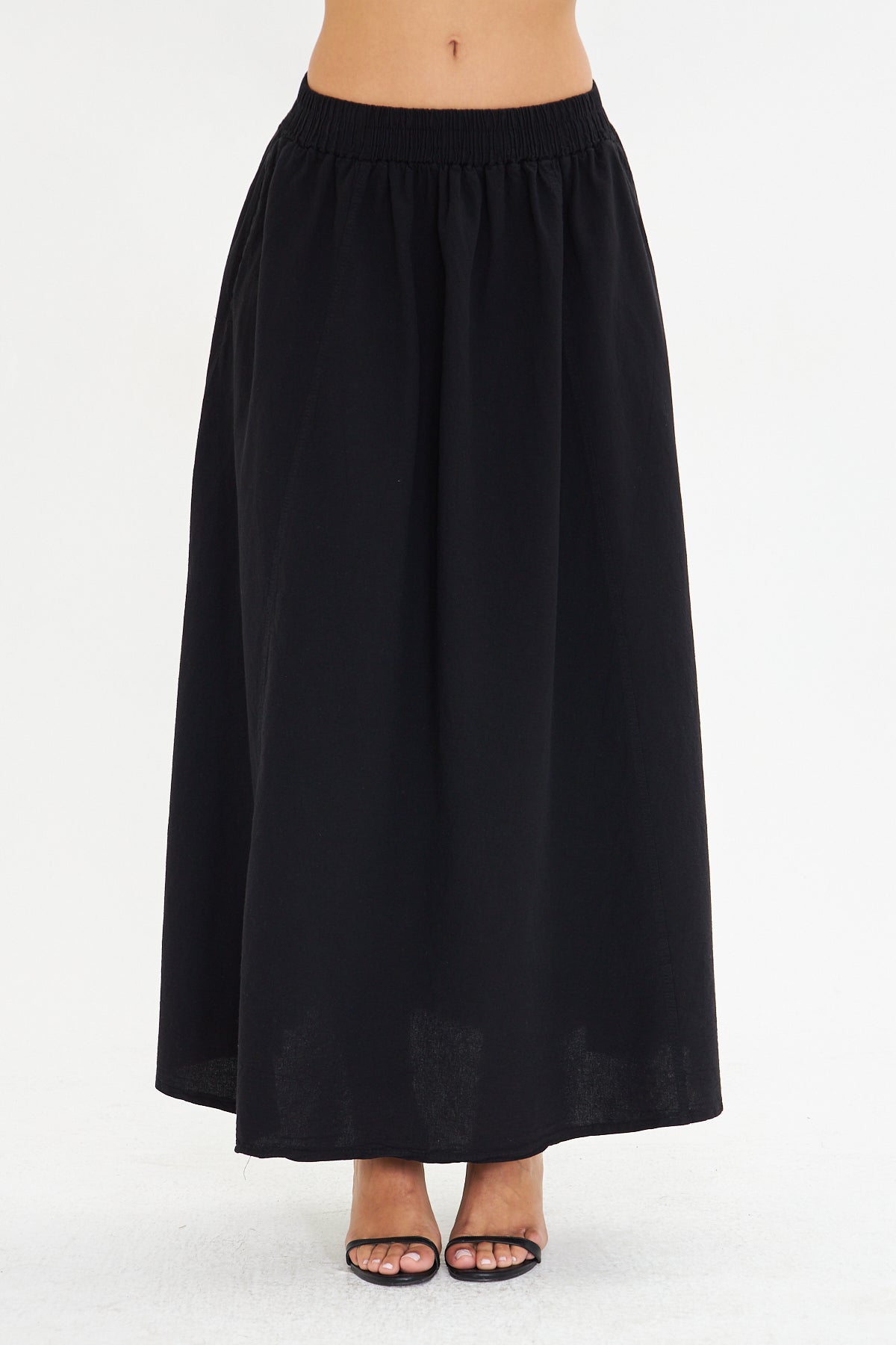 Bol Kesim Cep Detaylı Keten Karışımlı Beli Lastikli Uzun Etek