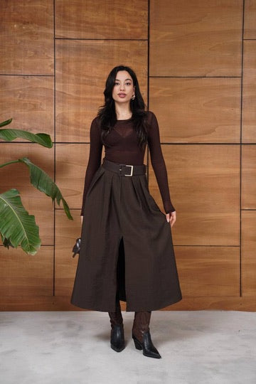 Cupra Kumaş Yüksek Bel Kemerli Yırtmaçlı Midi Etek – ZR Model