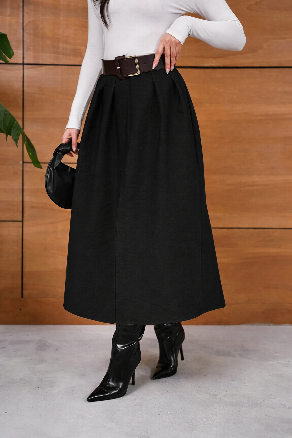 Cupra Kumaş Yüksek Bel Kemerli Yırtmaçlı Midi Etek – ZR Model