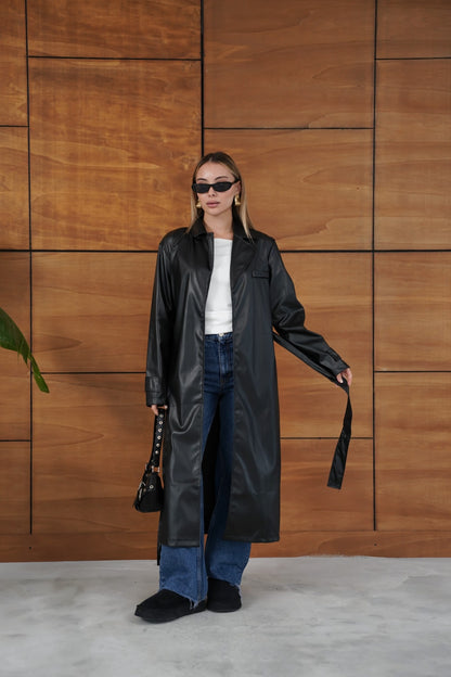 Uzun Kemerli Deri Trençkot