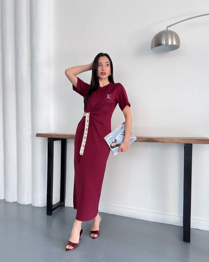 LV Belden Kuşaklı Midi Boy Likralı Şık Elbise