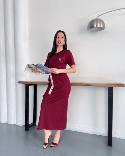 LV Belden Kuşaklı Midi Boy Likralı Şık Elbise