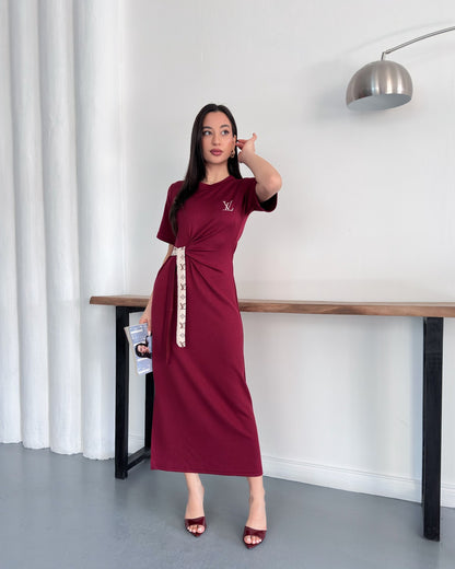 LV Belden Kuşaklı Midi Boy Likralı Şık Elbise