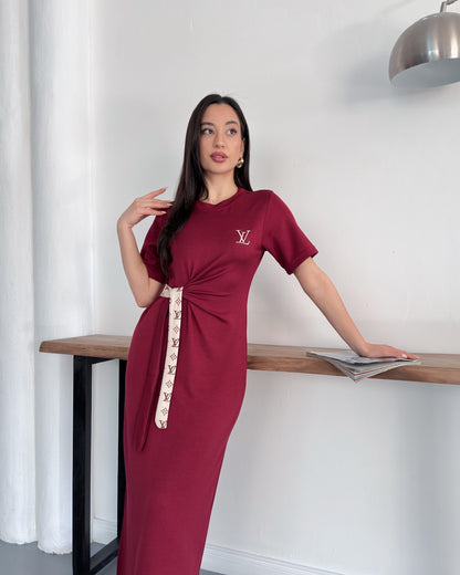 LV Belden Kuşaklı Midi Boy Likralı Şık Elbise