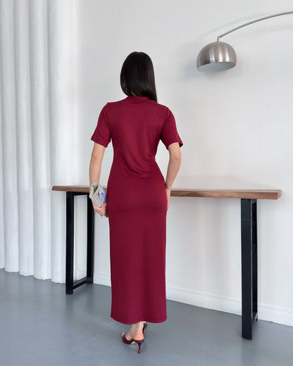 LV Belden Kuşaklı Midi Boy Likralı Şık Elbise