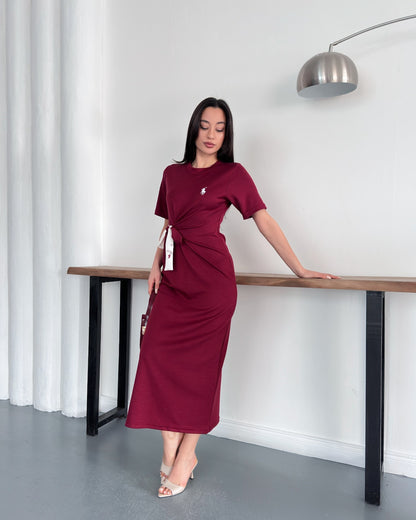 Minimal Nakışlı Belden Kuşaklı Midi Boy Likralı Günlük Elbise