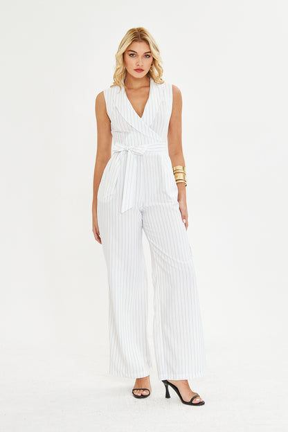 Çizgili Kemerli Kumaş Tulum