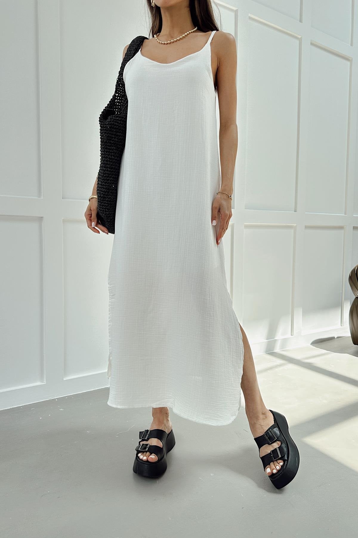 Müslin İp Askılı Astarlı Elbise