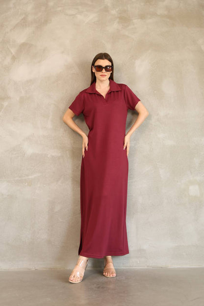 Polo Yaka Yırtmaçlı Maxi Yazlık Elbise