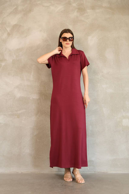 Polo Yaka Yırtmaçlı Maxi Yazlık Elbise