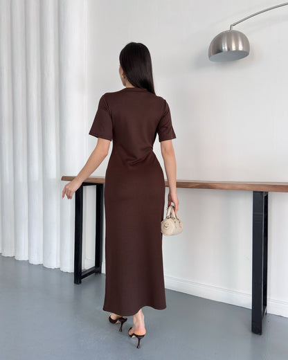 LV Belden Kuşaklı Midi Boy Likralı Şık Elbise