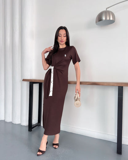 Minimal Nakışlı Belden Kuşaklı Midi Boy Likralı Günlük Elbise