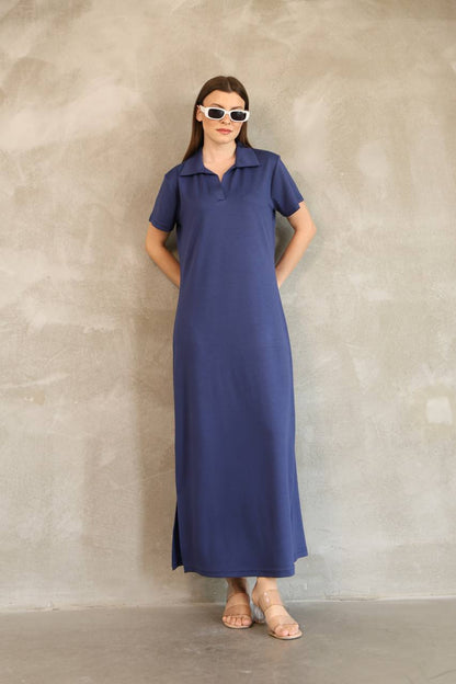 Polo Yaka Yırtmaçlı Maxi Yazlık Elbise