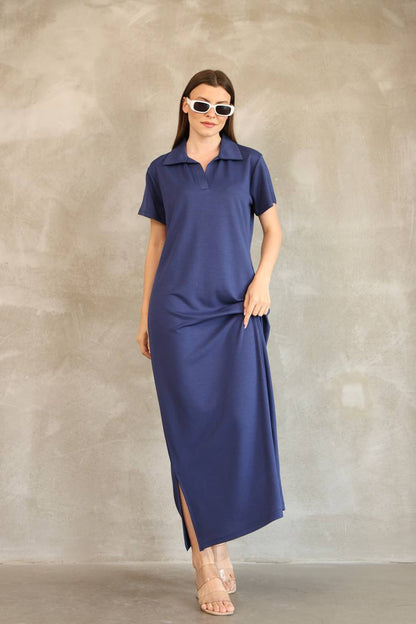 Polo Yaka Yırtmaçlı Maxi Yazlık Elbise