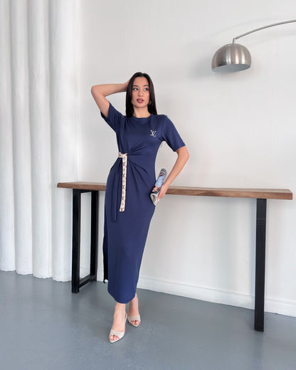 LV Belden Kuşaklı Midi Boy Likralı Şık Elbise