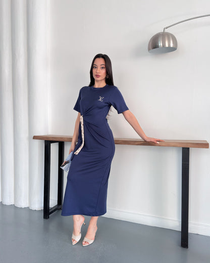 LV Belden Kuşaklı Midi Boy Likralı Şık Elbise