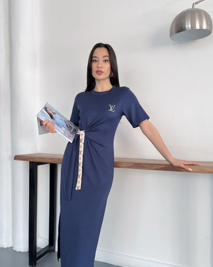 LV Belden Kuşaklı Midi Boy Likralı Şık Elbise