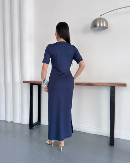 LV Belden Kuşaklı Midi Boy Likralı Şık Elbise