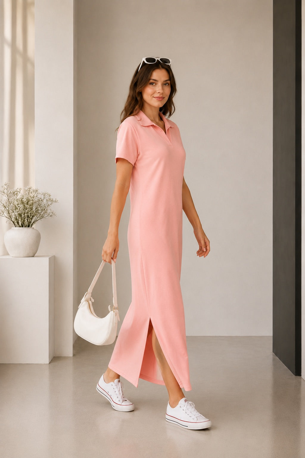 Polo Yaka Yırtmaçlı Maxi Yazlık Elbise
