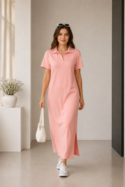 Polo Yaka Yırtmaçlı Maxi Yazlık Elbise