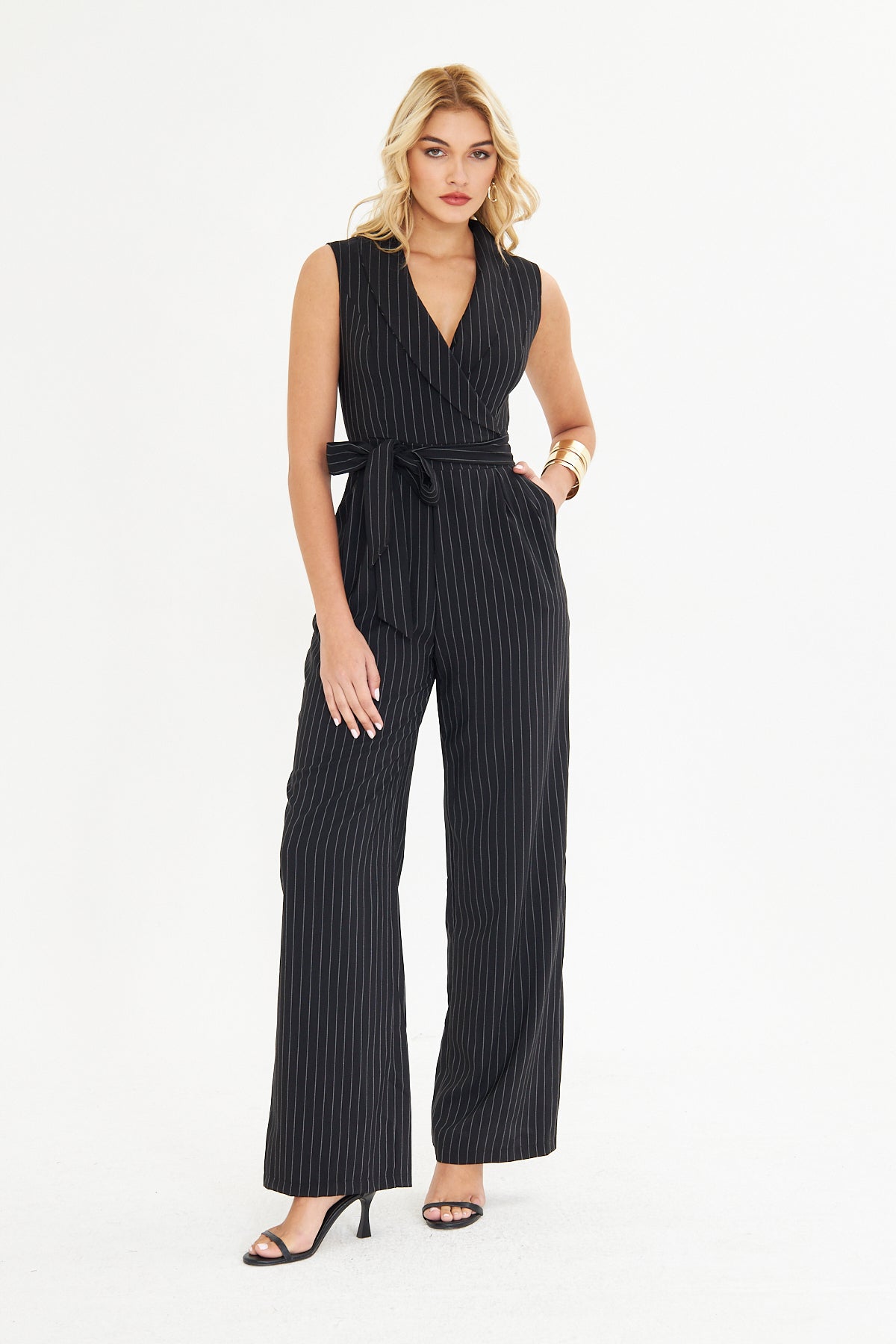 Çizgili Kemerli Kumaş Tulum