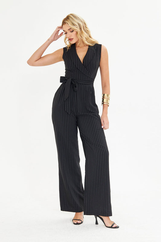 Çizgili Kemerli Kumaş Tulum