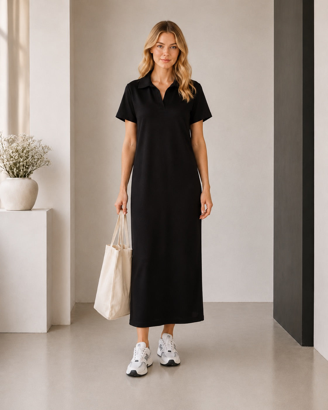 Polo Yaka Yırtmaçlı Maxi Yazlık Elbise