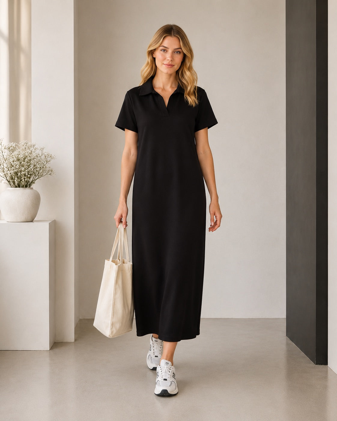 Polo Yaka Yırtmaçlı Maxi Yazlık Elbise